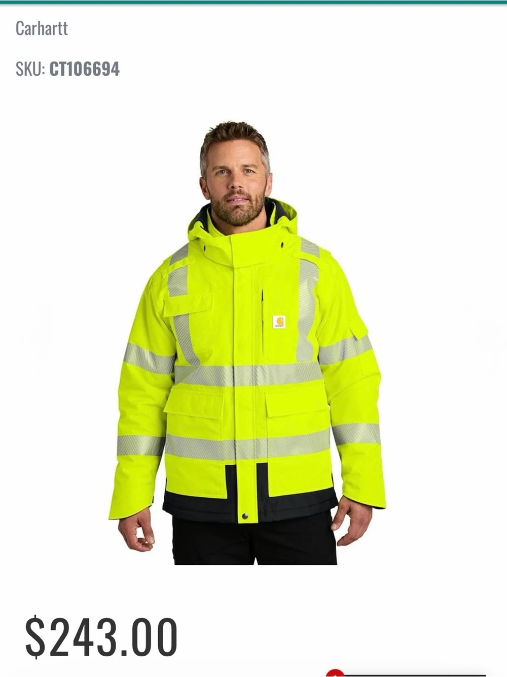 Carhartt® ANSI Class 3 Waterproof
Heavyweight Insulated Jacket Size M